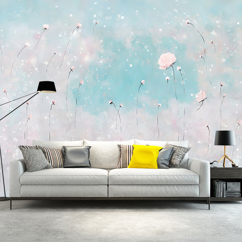 Illustration Flowers Wall Paper Murals for Bedroom, Pink and Blue, Personalised Size Pink-Blue Clearhalo 'Wall Decor' 'Wall Mural' 1185964