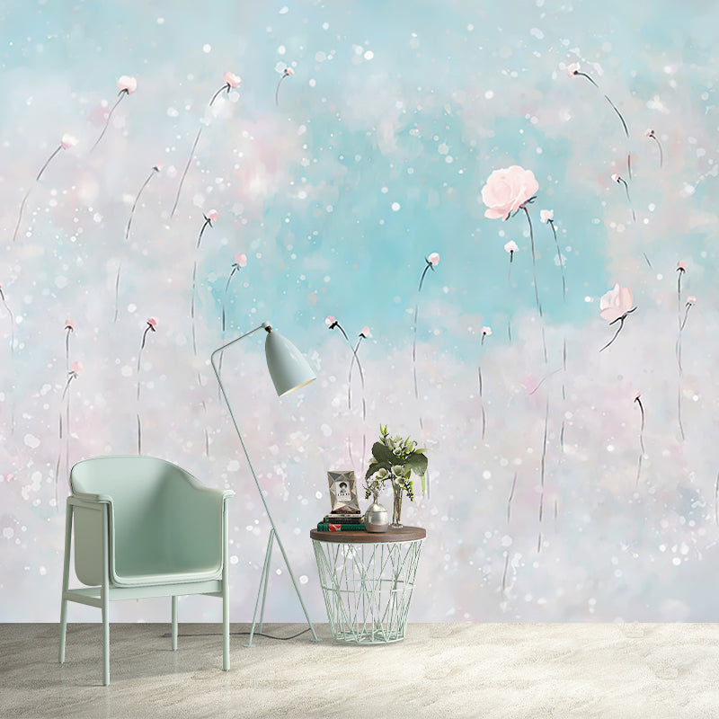 Illustration Flowers Wall Paper Murals for Bedroom, Pink and Blue, Personalised Size Clearhalo 'Wall Decor' 'Wall Mural' 1185965