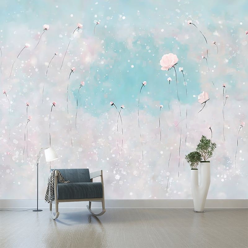 Illustration Flowers Wall Paper Murals for Bedroom, Pink and Blue, Personalised Size Clearhalo 'Wall Decor' 'Wall Mural' 1185966