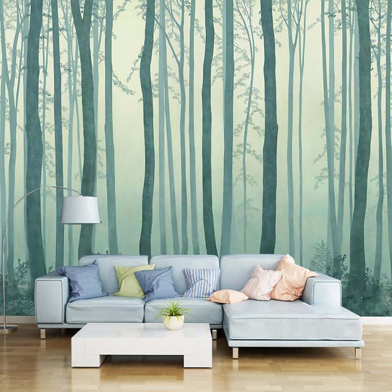 Misty Trees Wall Murals Decal for Living Room Forest Wall Decor, Made to Measure Aqua Clearhalo 'Wall Decor' 'Wall Mural' 1185969