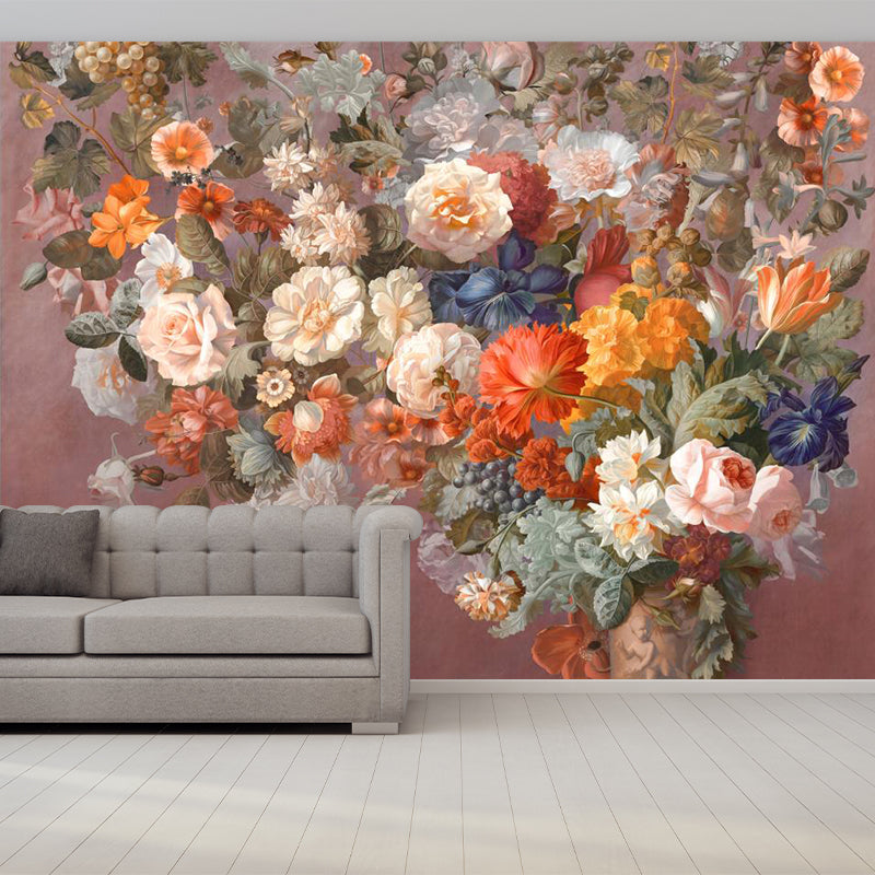 Modern Flowers Wall Murals Non-Woven Decorative Orange Pink Wall Covering for Fireplace Orange Pink Clearhalo 'Wall Decor' 'Wall Mural' 1185984