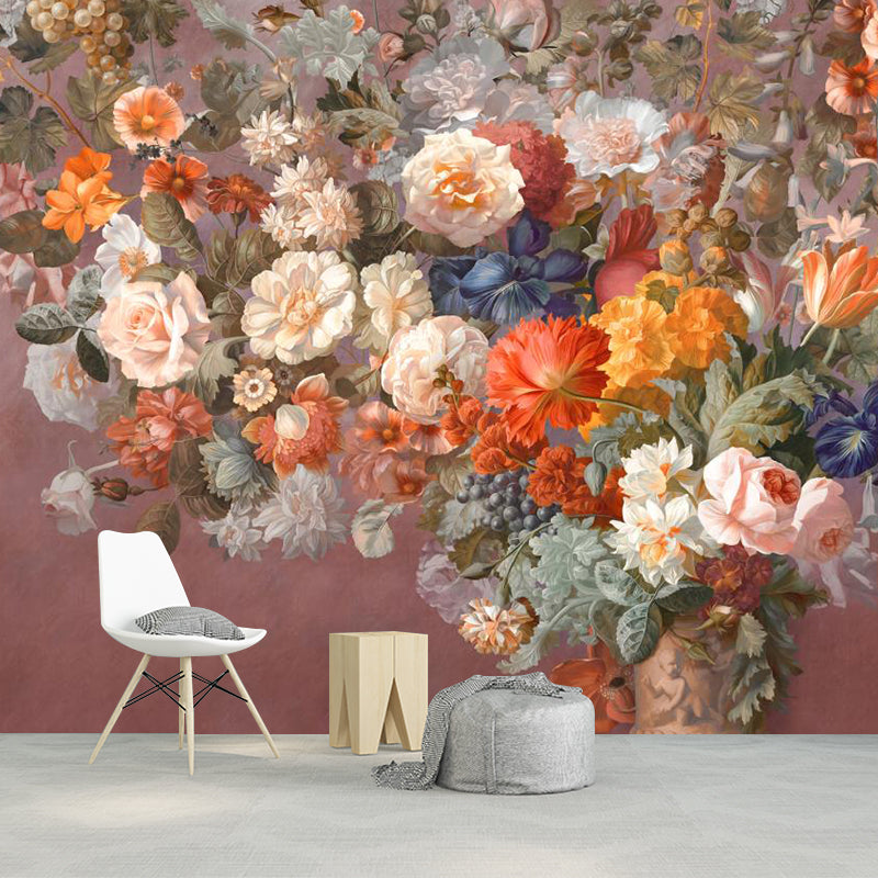 Modern Flowers Wall Murals Non-Woven Decorative Orange Pink Wall Covering for Fireplace Clearhalo 'Wall Decor' 'Wall Mural' 1185985