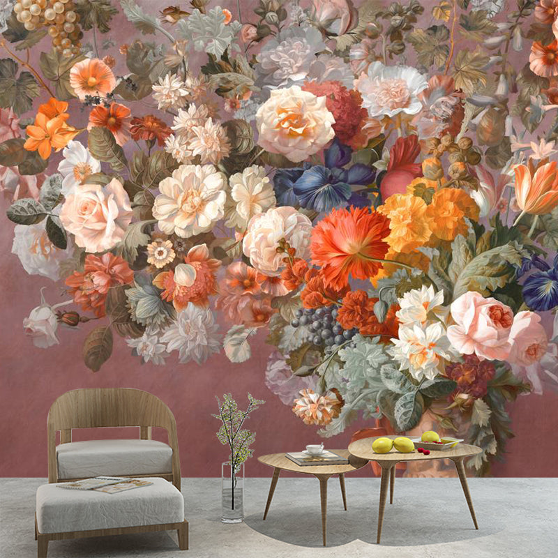 Modern Flowers Wall Murals Non-Woven Decorative Orange Pink Wall Covering for Fireplace Clearhalo 'Wall Decor' 'Wall Mural' 1185986