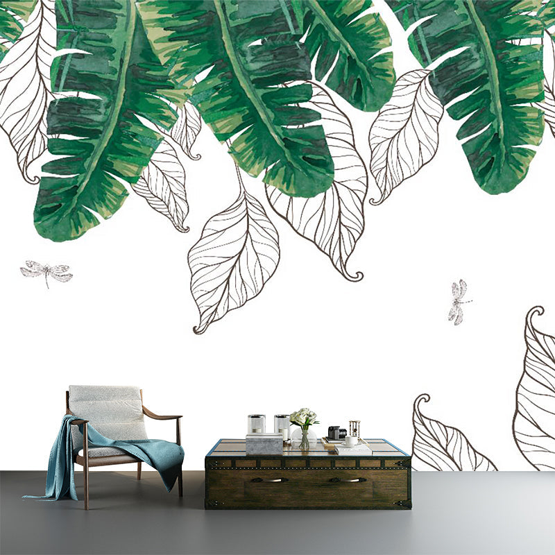 Illustration Banana Leaf Mural Wallpaper Whole Wall Covering for Bedroom, Personalized Size Green-White Clearhalo 'Wall Decor' 'Wall Mural' 1185999