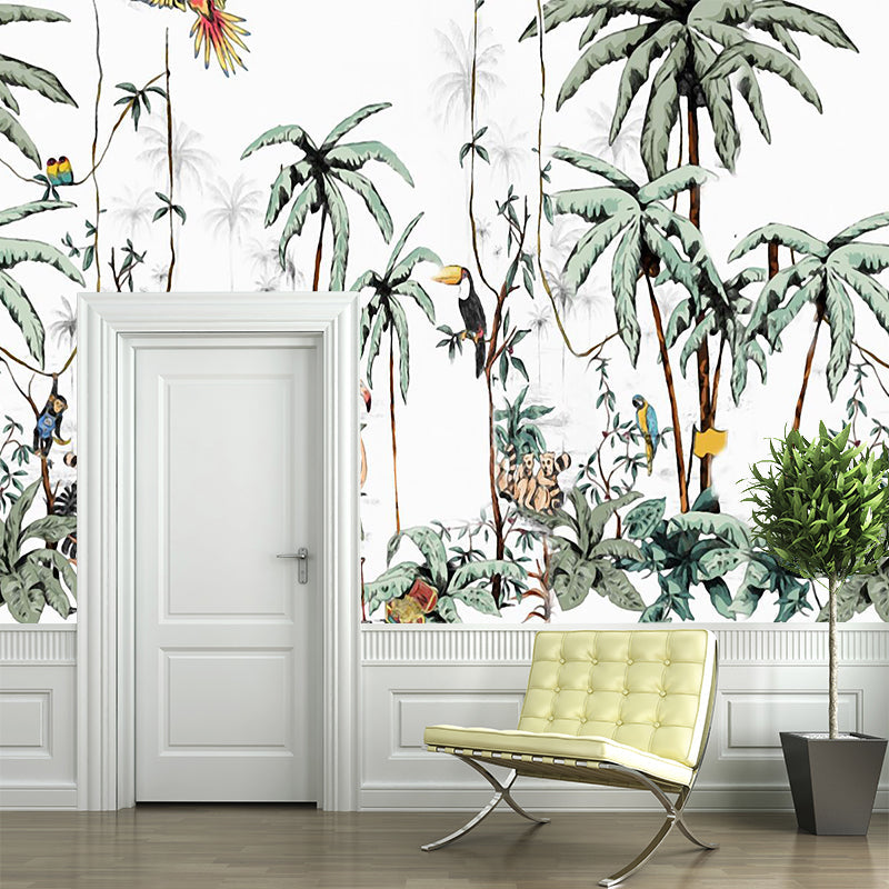 Personalized Illustration Tropix Murals with Flamingo in the Jungle Pattern in Green Clearhalo 'Wall Decor' 'Wall Mural' 1186005