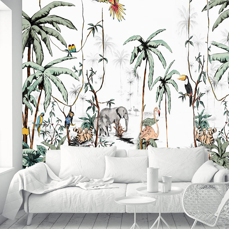 Personalized Illustration Tropix Murals with Flamingo in the Jungle Pattern in Green Clearhalo 'Wall Decor' 'Wall Mural' 1186006