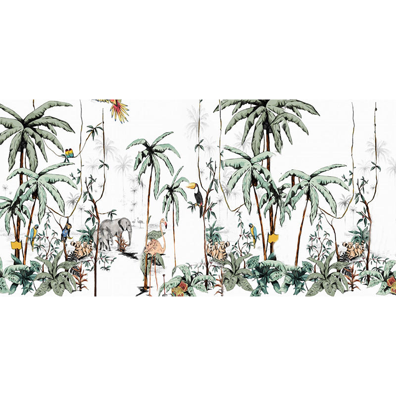 Personalized Illustration Tropix Murals with Flamingo in the Jungle Pattern in Green Clearhalo 'Wall Decor' 'Wall Mural' 1186007