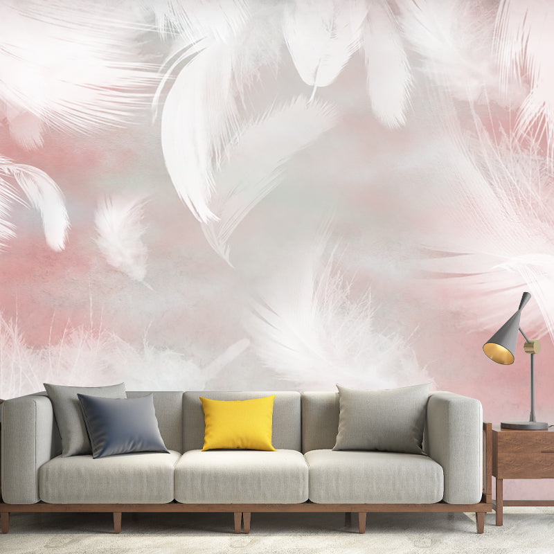 Pink-White Feathers Wall Mural Stain Resistant Wall Decor for Girls Bedroom, Non-Woven Fabric Pink Clearhalo 'Wall Decor' 'Wall Mural' 1186009