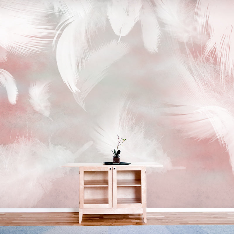 Pink-White Feathers Wall Mural Stain Resistant Wall Decor for Girls Bedroom, Non-Woven Fabric Clearhalo 'Wall Decor' 'Wall Mural' 1186010