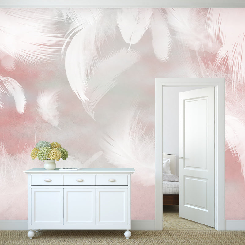 Pink-White Feathers Wall Mural Stain Resistant Wall Decor for Girls Bedroom, Non-Woven Fabric Clearhalo 'Wall Decor' 'Wall Mural' 1186011