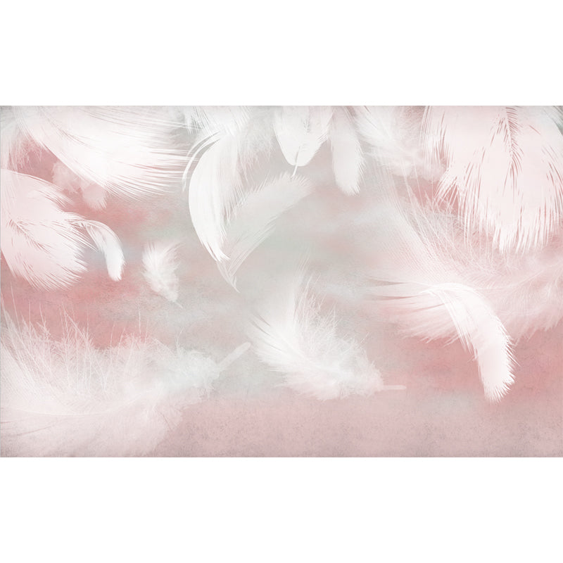 Pink-White Feathers Wall Mural Stain Resistant Wall Decor for Girls Bedroom, Non-Woven Fabric Clearhalo 'Wall Decor' 'Wall Mural' 1186012