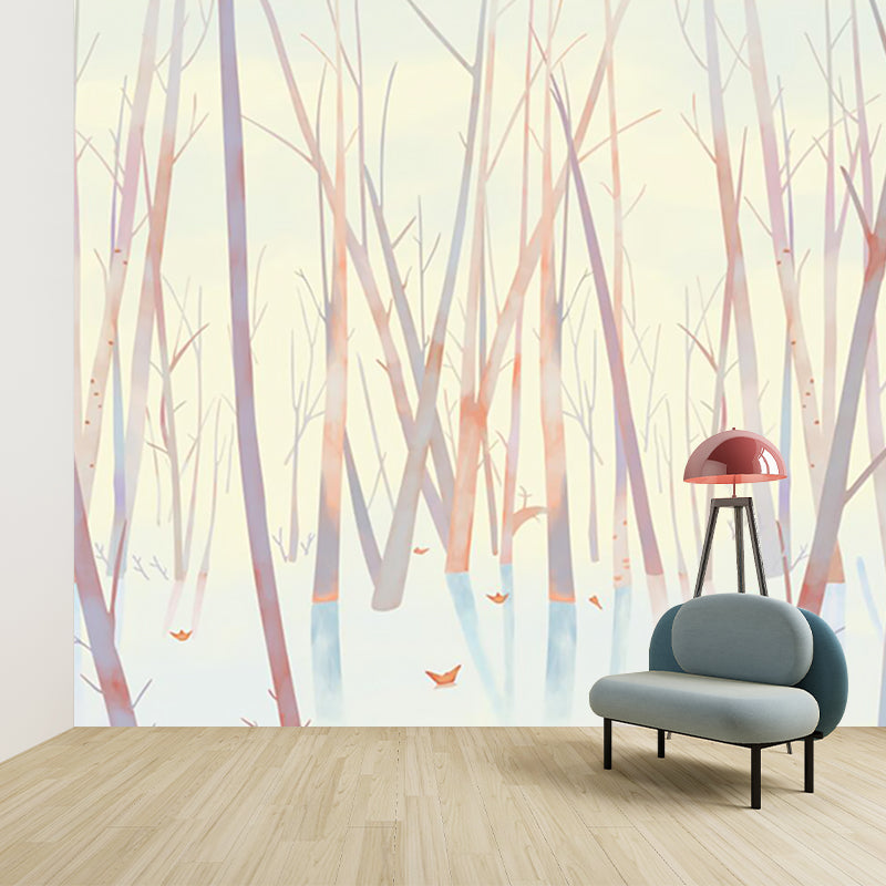 Tree without Leaf Murals Wallpaper Modern Eco-Friendly Fireplace Wall Decor, Full Size Pink-Yellow Clearhalo 'Wall Decor' 'Wall Mural' 1186014