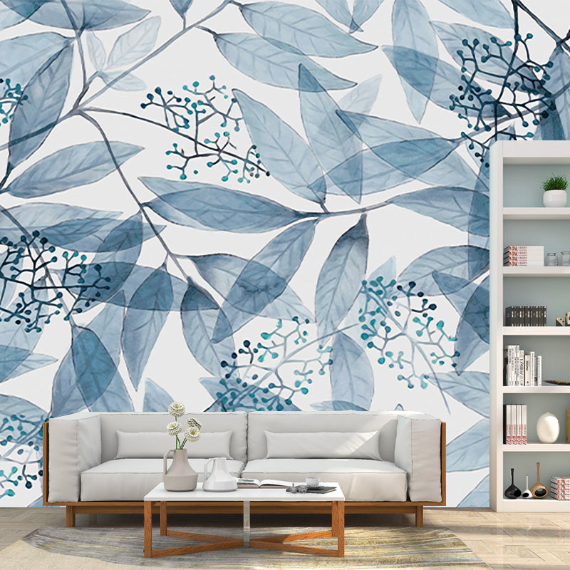 Blue and White Branch Murals for Wall Leaves Modern Water Resistant Home Wall Art Clearhalo 'Wall Decor' 'Wall Mural' 1186055