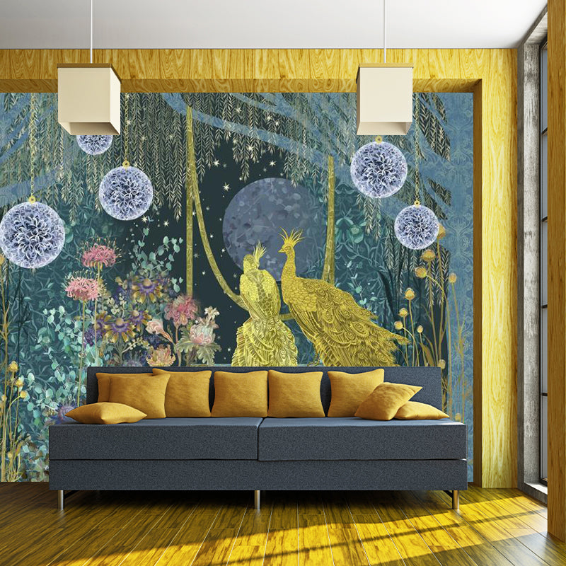 Modern Peacock in Forest Mural Decal for Accent Wall, Full Size Wall Decor in Yellow and Green Yellow-Green Clearhalo 'Wall Decor' 'Wall Mural' 1186059