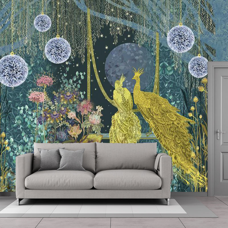 Modern Peacock in Forest Mural Decal for Accent Wall, Full Size Wall Decor in Yellow and Green Clearhalo 'Wall Decor' 'Wall Mural' 1186060