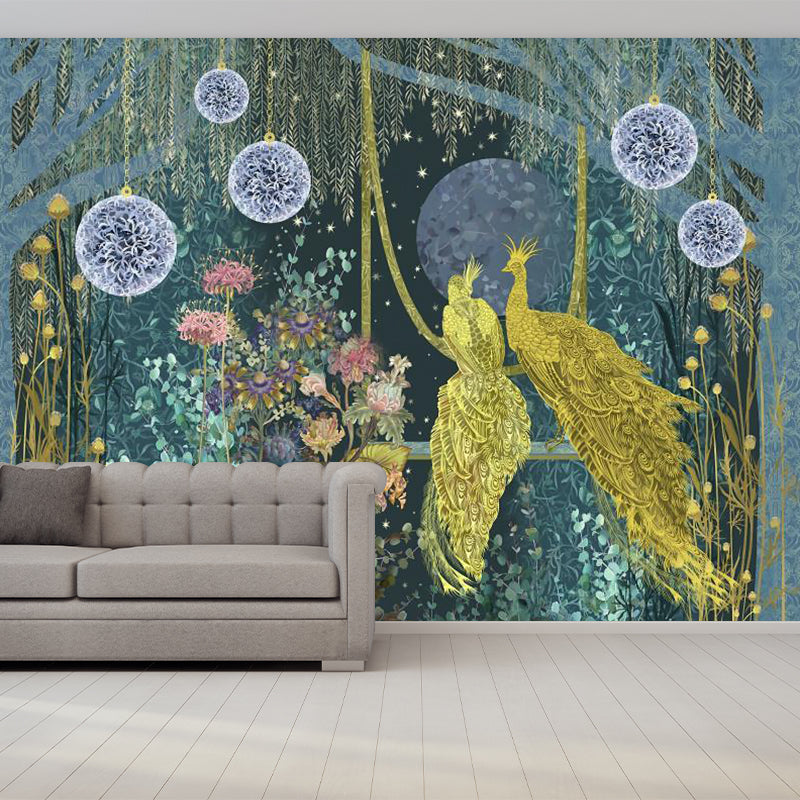 Modern Peacock in Forest Mural Decal for Accent Wall, Full Size Wall Decor in Yellow and Green Clearhalo 'Wall Decor' 'Wall Mural' 1186061