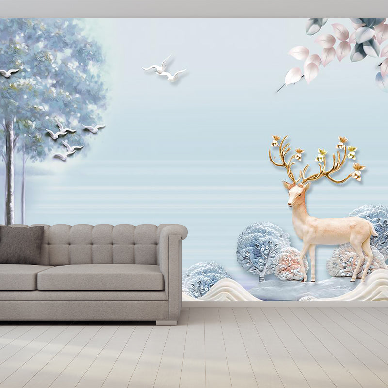 Sika Deer in Forest Murals in Soft Color, Contemporary Wall Decor for Living Room Clearhalo 'Wall Decor' 'Wall Mural' 1186070