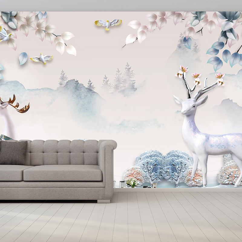 Sika Deer in Forest Murals in Soft Color, Contemporary Wall Decor for Living Room Clearhalo 'Wall Decor' 'Wall Mural' 1186075