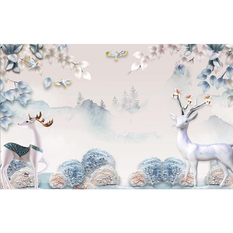 Sika Deer in Forest Murals in Soft Color, Contemporary Wall Decor for Living Room Clearhalo 'Wall Decor' 'Wall Mural' 1186077