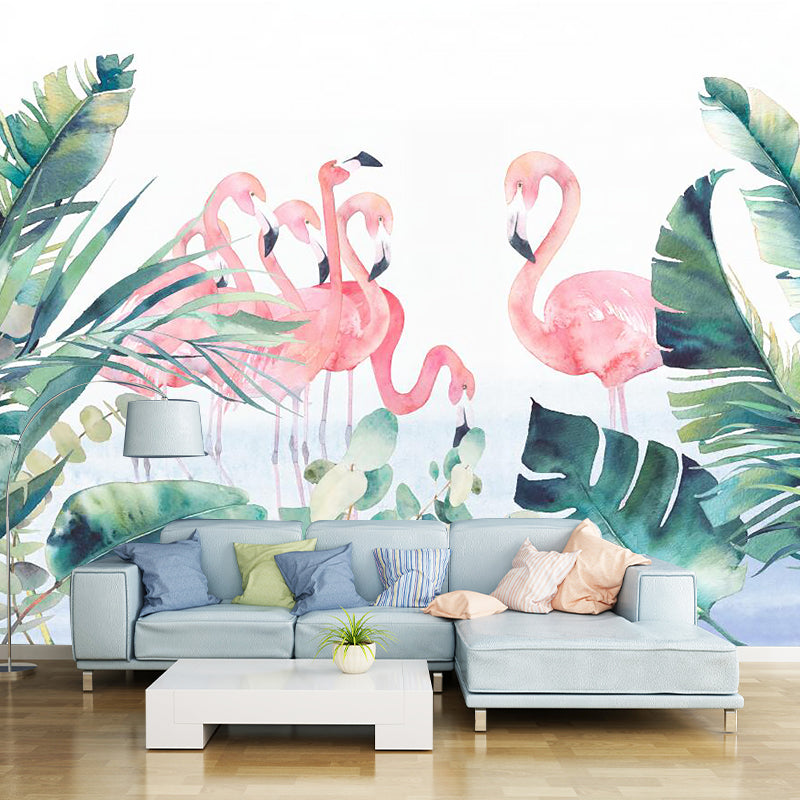 Pink-Green Tropical Wall Murals Full Size Flamingo and Leaves Painting Wall Art for Home Pink-Green Clearhalo 'Wall Decor' 'Wall Mural' 1186119