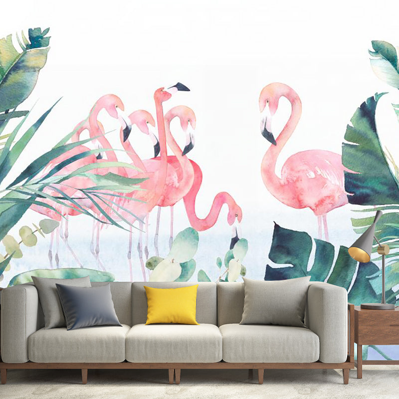 Pink-Green Tropical Wall Murals Full Size Flamingo and Leaves Painting Wall Art for Home Clearhalo 'Wall Decor' 'Wall Mural' 1186120