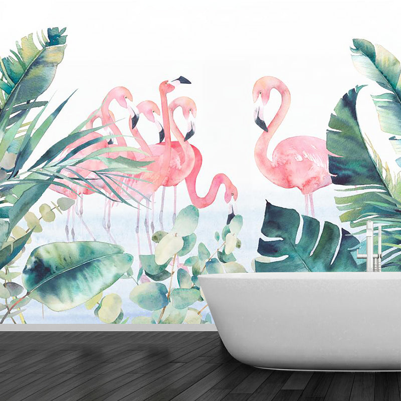 Pink-Green Tropical Wall Murals Full Size Flamingo and Leaves Painting Wall Art for Home Clearhalo 'Wall Decor' 'Wall Mural' 1186121