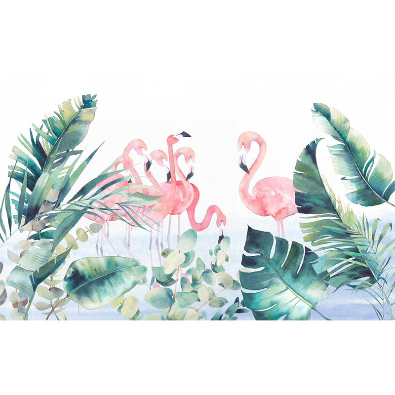 Pink-Green Tropical Wall Murals Full Size Flamingo and Leaves Painting Wall Art for Home Clearhalo 'Wall Decor' 'Wall Mural' 1186122