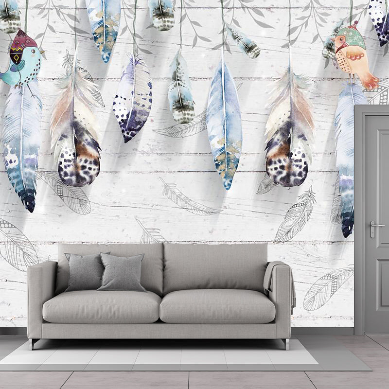 Modernist Feathers Mural Decal Grey Barn Wood Wall Covering for Living Room, Water-Proof Grey Clearhalo 'Wall Decor' 'Wall Mural' 1186124