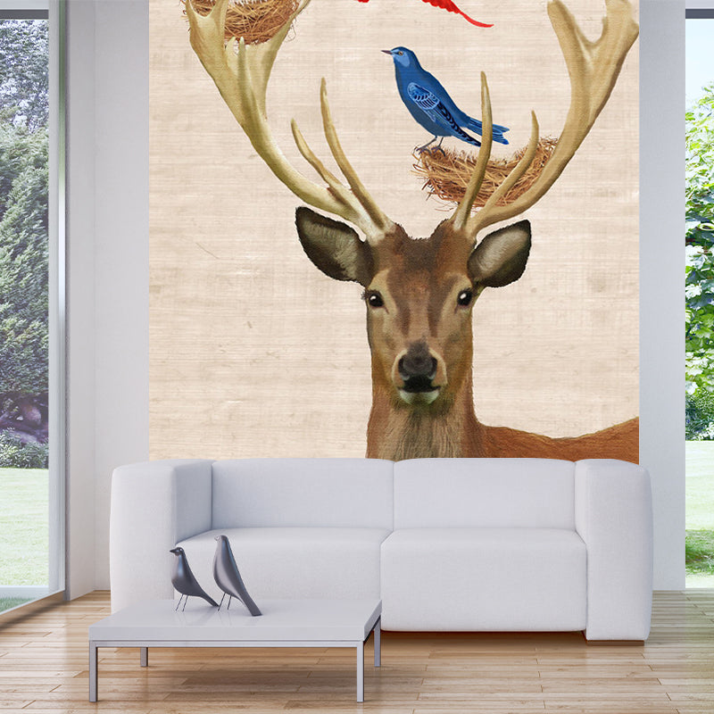 Custom Illustration Nordic Mural Decal with Bird and Deer Pattern in Brown, Waterproof Brown Clearhalo 'Wall Decor' 'Wall Mural' 1186144