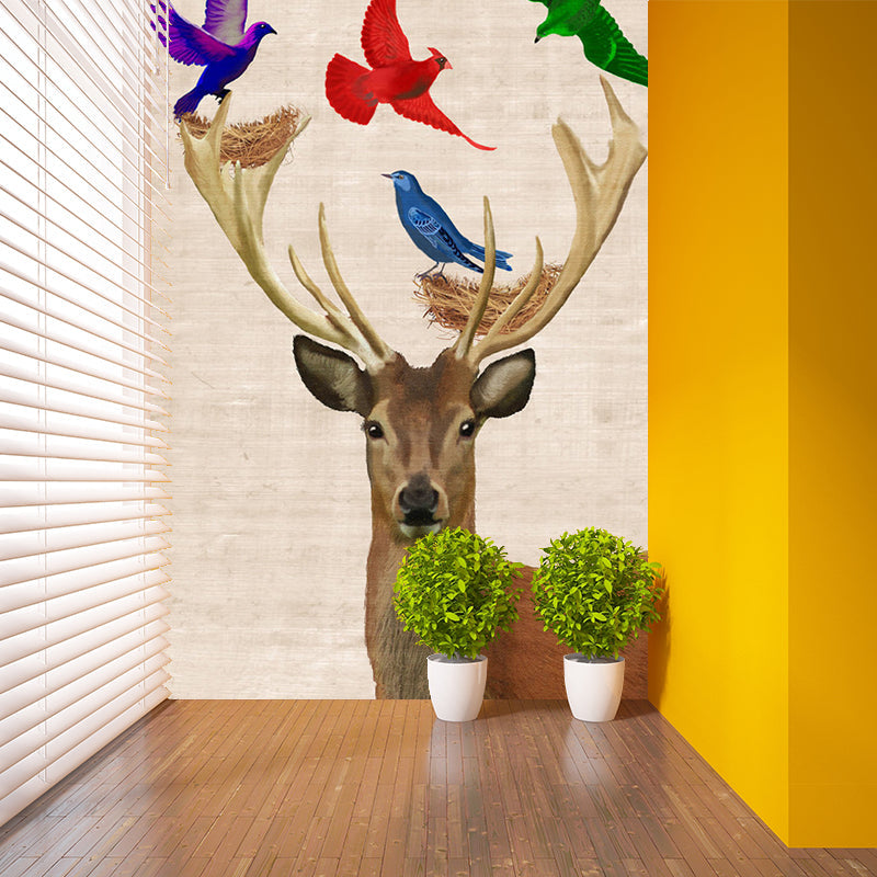 Custom Illustration Nordic Mural Decal with Bird and Deer Pattern in Brown, Waterproof Clearhalo 'Wall Decor' 'Wall Mural' 1186145