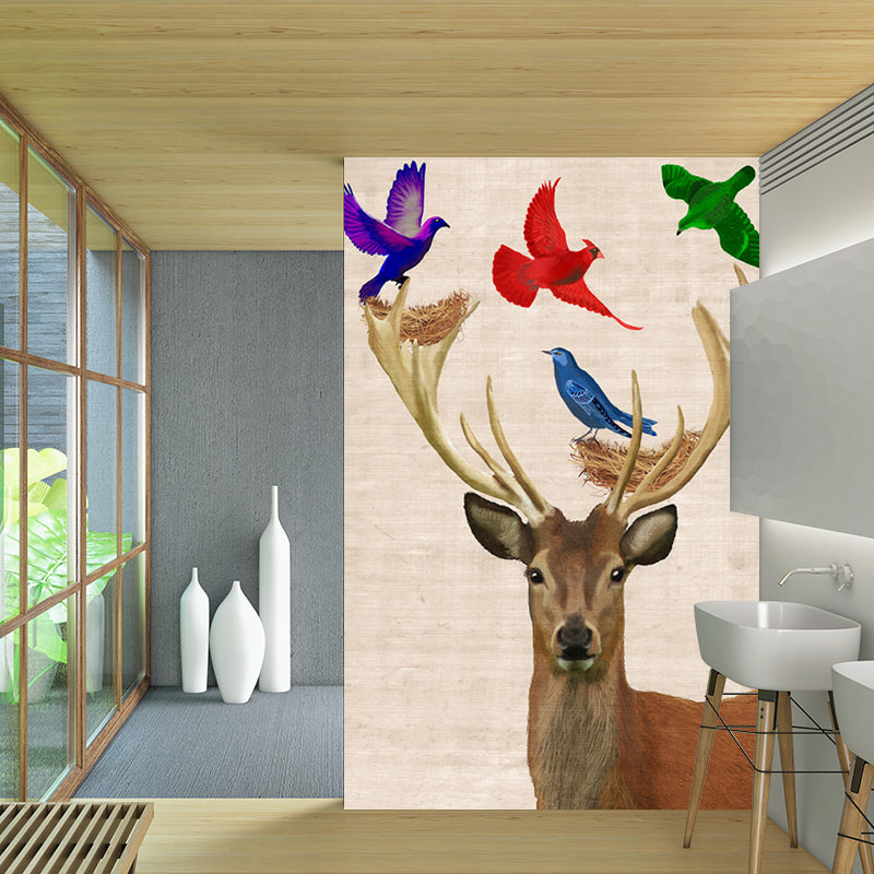 Custom Illustration Nordic Mural Decal with Bird and Deer Pattern in Brown, Waterproof Clearhalo 'Wall Decor' 'Wall Mural' 1186146