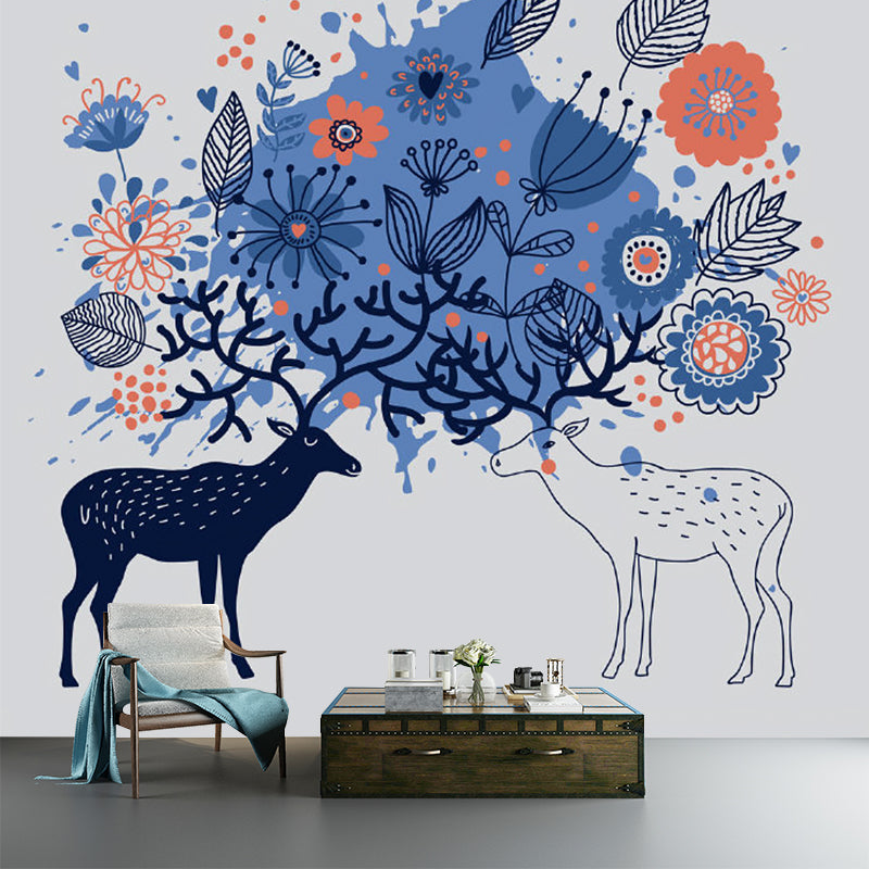 Childrens Art Sika Deer Mural Blue Stain-Resistant Wall Decor for Bedroom, Non-Woven Blue Clearhalo 'Wall Decor' 'Wall Mural' 1186149