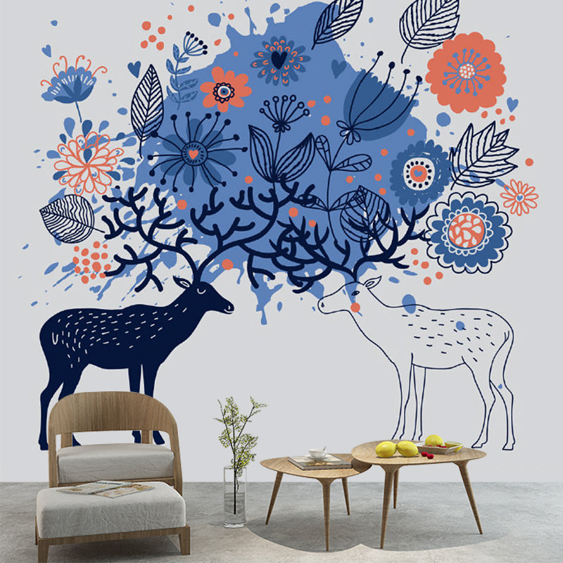 Childrens Art Sika Deer Mural Blue Stain-Resistant Wall Decor for Bedroom, Non-Woven Clearhalo 'Wall Decor' 'Wall Mural' 1186150