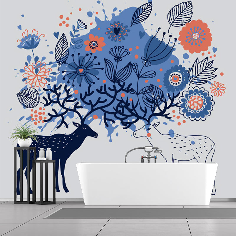 Childrens Art Sika Deer Mural Blue Stain-Resistant Wall Decor for Bedroom, Non-Woven Clearhalo 'Wall Decor' 'Wall Mural' 1186151