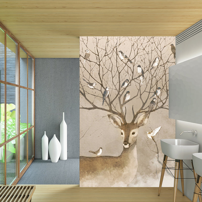 Large Animal Murals for Home Deer with Bird Patterned Wall Art in Brown, Waterproof Brown Clearhalo 'Wall Decor' 'Wall Mural' 1186154