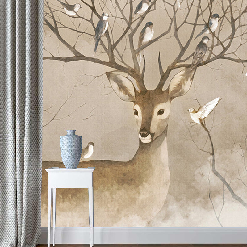 Large Animal Murals for Home Deer with Bird Patterned Wall Art in Brown, Waterproof Clearhalo 'Wall Decor' 'Wall Mural' 1186155