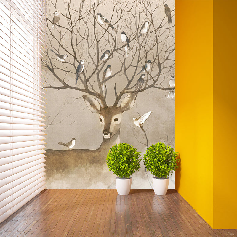 Large Animal Murals for Home Deer with Bird Patterned Wall Art in Brown, Waterproof Clearhalo 'Wall Decor' 'Wall Mural' 1186156