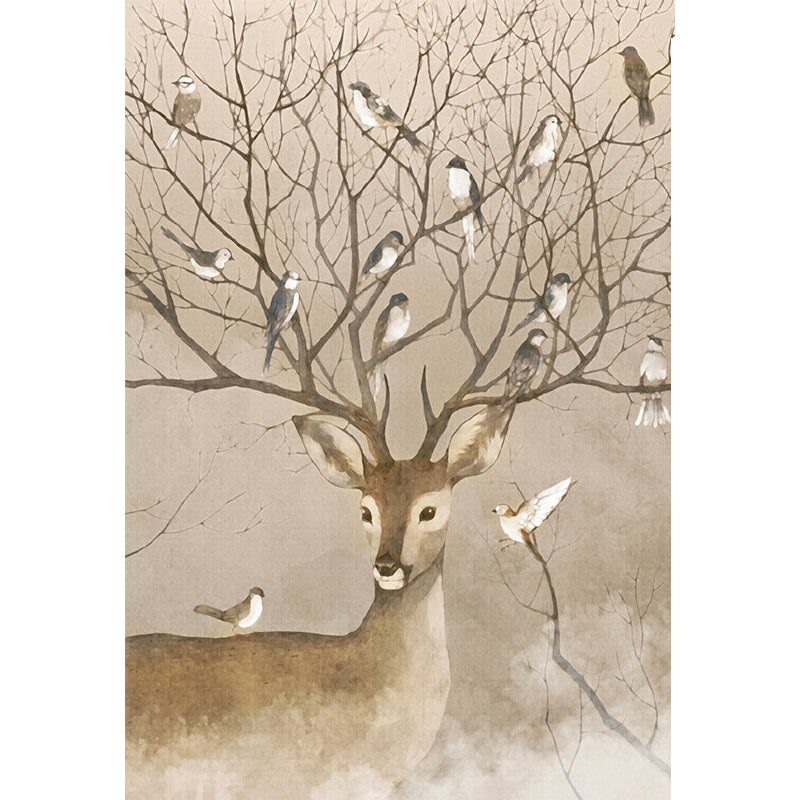 Large Animal Murals for Home Deer with Bird Patterned Wall Art in Brown, Waterproof Clearhalo 'Wall Decor' 'Wall Mural' 1186157