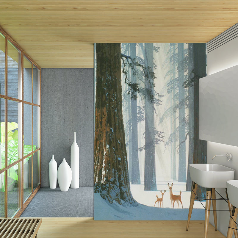 Waterproof Wall Murals Nordic Non-Woven Wall Covering with Deer in Winter Forest Pattern Gray-Green Clearhalo 'Wall Decor' 'Wall Mural' 1186159