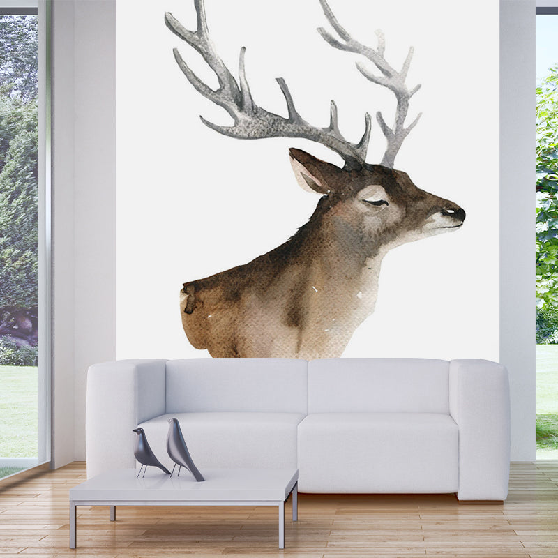 Brown Deer Head Painting Murals Wallpaper Stain-Resistant Wall Decoration for Living Room Brown Clearhalo 'Wall Decor' 'Wall Mural' 1186164