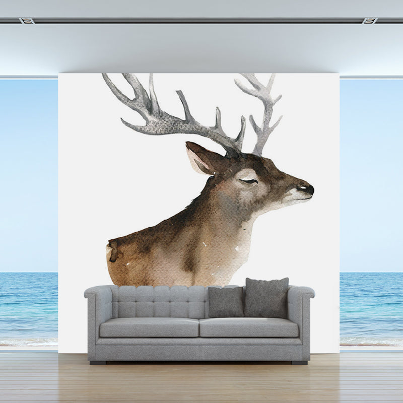 Brown Deer Head Painting Murals Wallpaper Stain-Resistant Wall Decoration for Living Room Clearhalo 'Wall Decor' 'Wall Mural' 1186165