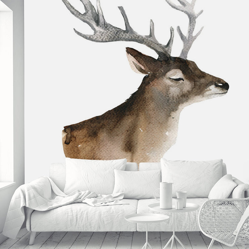 Brown Deer Head Painting Murals Wallpaper Stain-Resistant Wall Decoration for Living Room Clearhalo 'Wall Decor' 'Wall Mural' 1186166