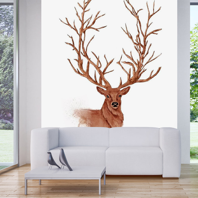 Non-Woven Waterproof Mural Nordic Style Deer Patterned Wall Covering in Brown for Home Brown Clearhalo 'Wall Decor' 'Wall Mural' 1186174