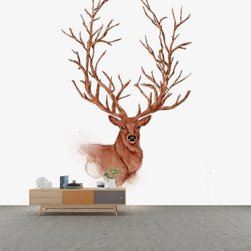 Non-Woven Waterproof Mural Nordic Style Deer Patterned Wall Covering in Brown for Home Clearhalo 'Wall Decor' 'Wall Mural' 1186175