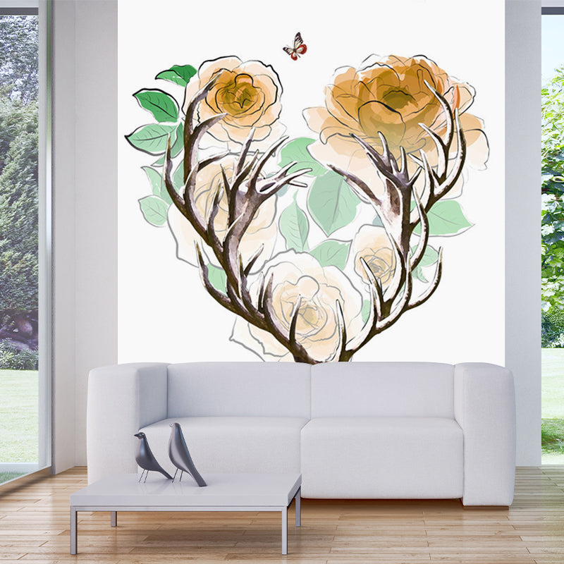 Stain Resistant Wallpaper Mural Artistry Non-Woven Fabric Wall Decor with Antler and Flower Pattern Yellow-Green Clearhalo 'Wall Decor' 'Wall Mural' 1186189