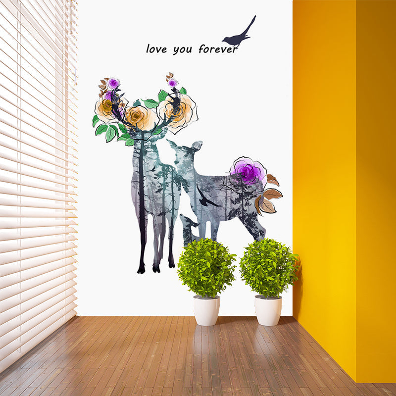 Deer Family Watercolor Murals Art Deco Moisture Resistant Bedroom Wall Covering, Customized Size Clearhalo 'Wall Decor' 'Wall Mural' 1186195