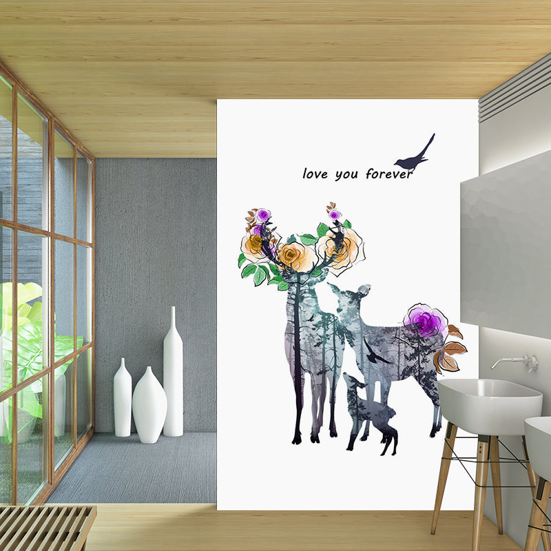 Deer Family Watercolor Murals Art Deco Moisture Resistant Bedroom Wall Covering, Customized Size Clearhalo 'Wall Decor' 'Wall Mural' 1186196