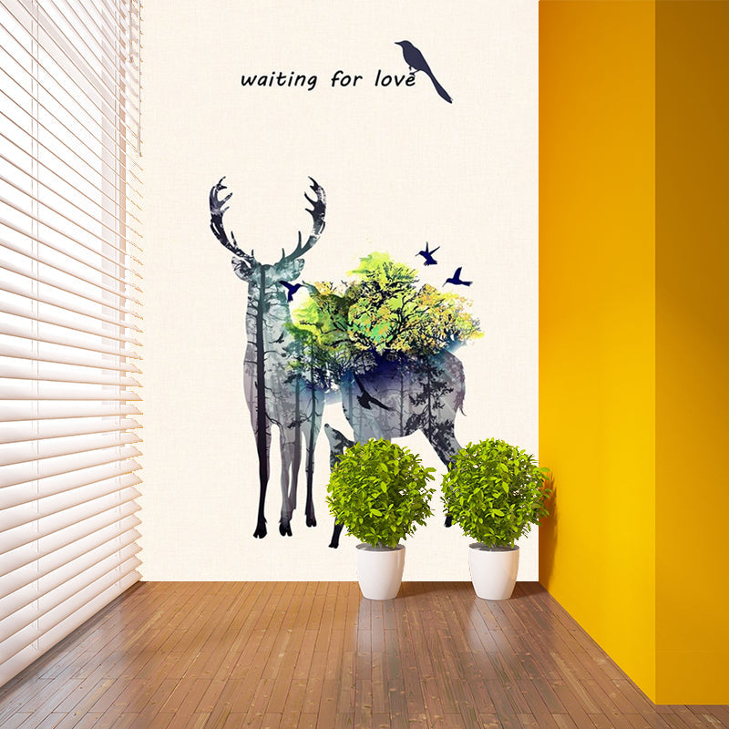 Deer Family Watercolor Murals Art Deco Moisture Resistant Bedroom Wall Covering, Customized Size Clearhalo 'Wall Decor' 'Wall Mural' 1186200