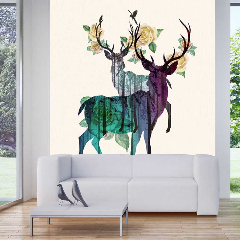 Custom Illustration Artistic Mural with Deer and Peony Blossom Pattern in Yellow-Green Yellow-Green Clearhalo 'Wall Decor' 'Wall Mural' 1186204