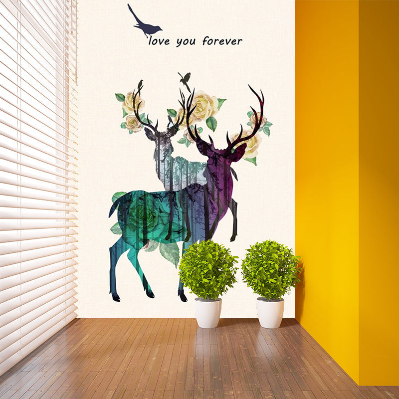 Custom Illustration Artistic Mural with Deer and Peony Blossom Pattern in Yellow-Green Clearhalo 'Wall Decor' 'Wall Mural' 1186205